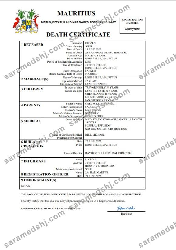 Mauritius death certificate Word and PDF template, completely editable